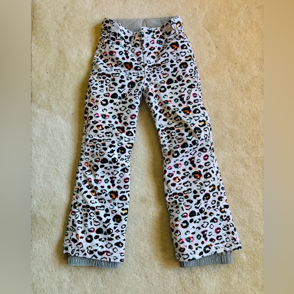 Roxy Girls White Leopard Print Snow Pants with Black, Pink & Orange Spots